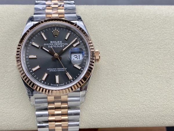 VSファクトリー製 ロレックス デイトジャスト 36mm ツートン ローズゴールド サンバースト スレート文字盤 ジュビリーブレスレット (126231) 1:1スーパークローン - 丹東3235ムーブメント搭載