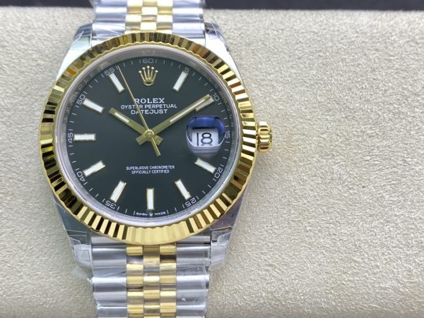 VSファクトリー製 ロレックス デイトジャスト 41mm ツートン イエローゴールド ブラック サンバースト文字盤 フルーテッドベゼル ジュビリーブレスレット (126333) 1:1スーパークローン - 丹東3235ムーブメント搭載