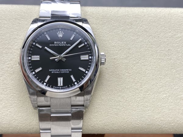 VSファクトリー製 ロレックス オイスター パーペチュアル 36mm ブライトブラック文字盤 スムースベゼル オイスターブレスレット (126000) 1:1スーパークローン - 丹東3230ムーブメント搭載